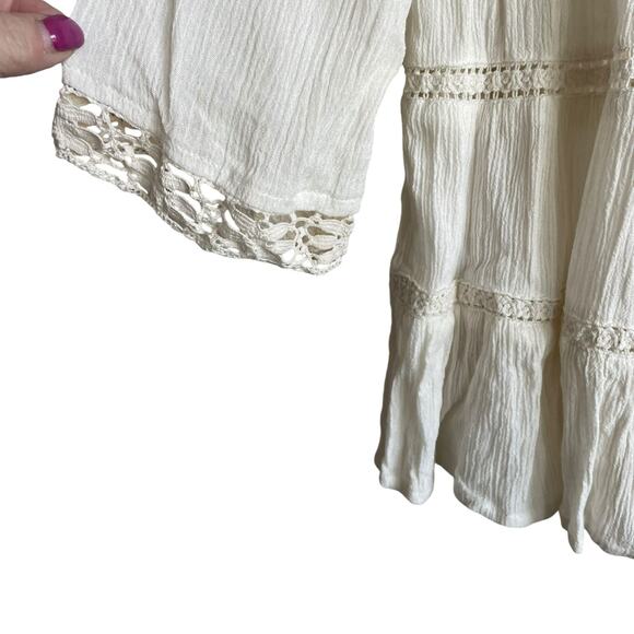 Japna Women Crop Top XS Ivory Embroidered Gauzy Crochet Inlet Boho Peasant Flowy - Picture 6 of 10